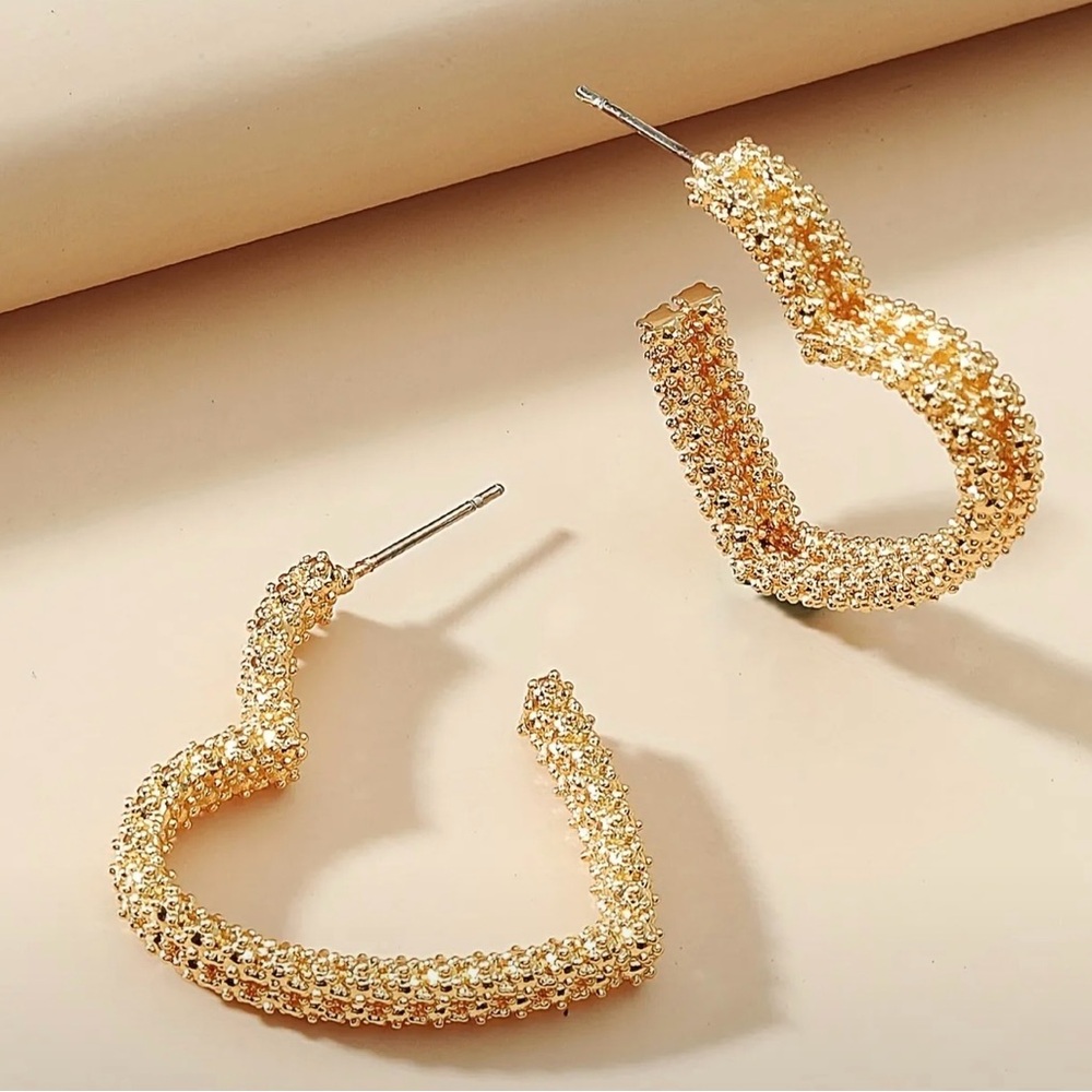 Glamorous Hollow Heart, Gold plated Stainless Steel Post Valentines Earrings